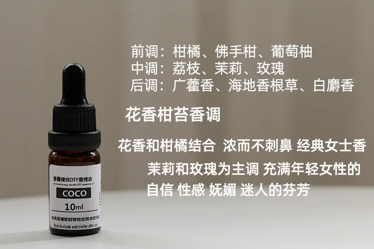 10ml amber glass dropper bottle of floral citrus aromatherapy essential oil with white label against a neutral background.