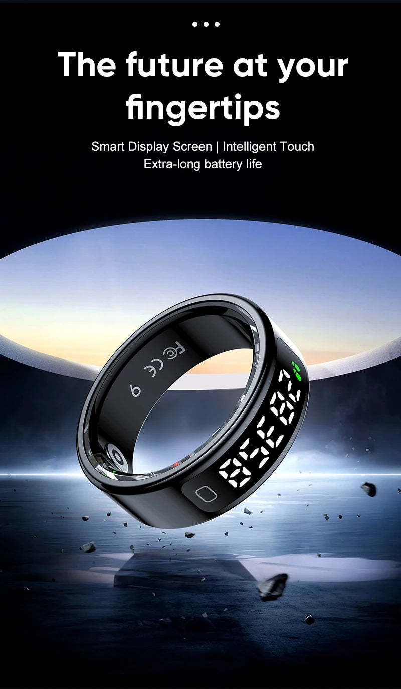 Sleek black smart health ring featuring a bright digital LED display screen on a polished, modern band.
