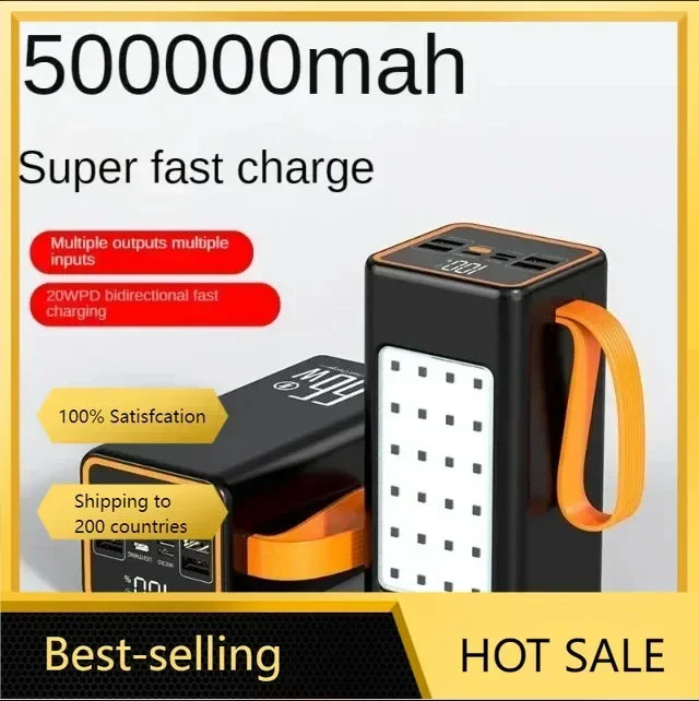 Black portable power bank with orange carry strap, LED display, multiple ports, and built-in flashlight panel.