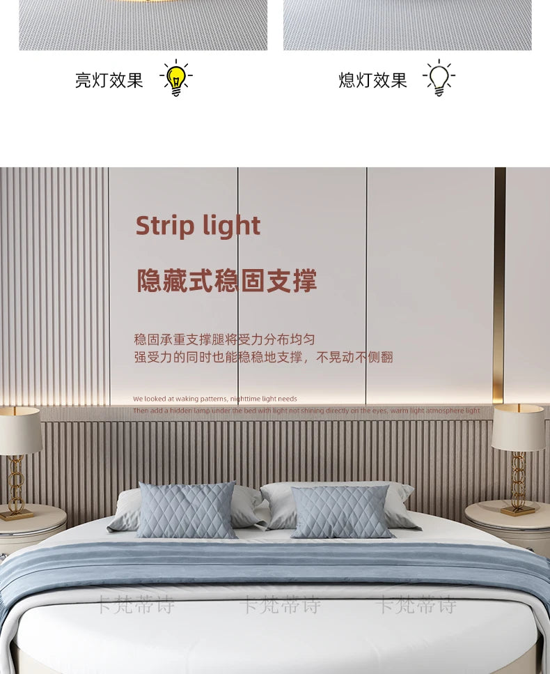 Modern minimalist double bed in cream with built-in ambient strip lighting, shown in a contemporary neutral bedroom.