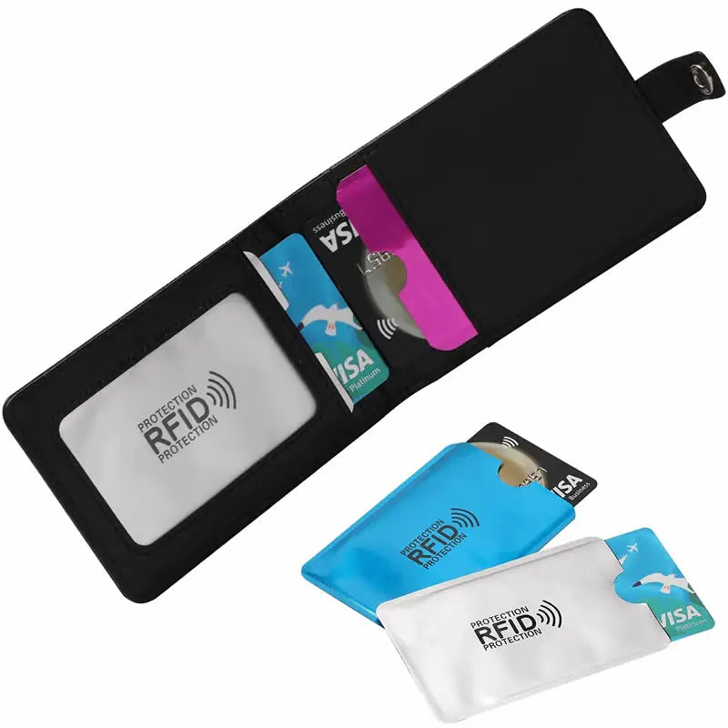 Black leather wallet with RFID blocking slots and two separate protective sleeves for credit cards.