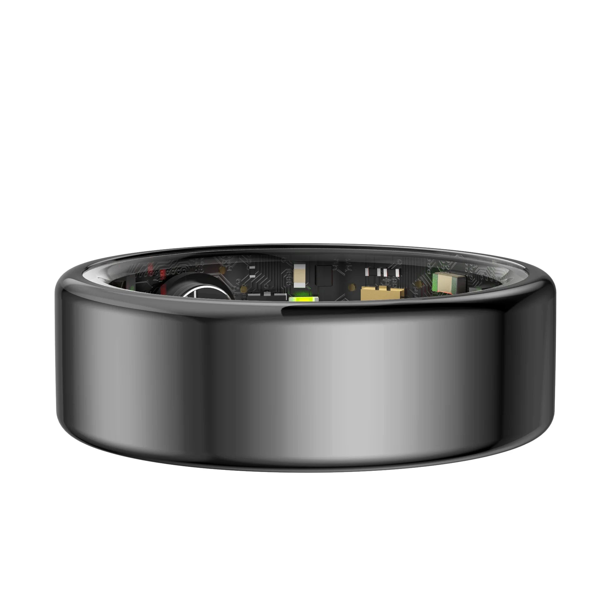 Sleek, polished black smart fitness ring showing internal health tracking sensors and circuitry.