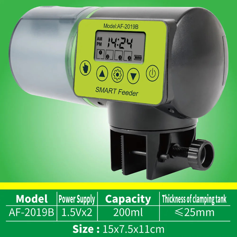 Automatic fish feeder with a black and lime green design, digital LCD display, and adjustable mounting clamp.