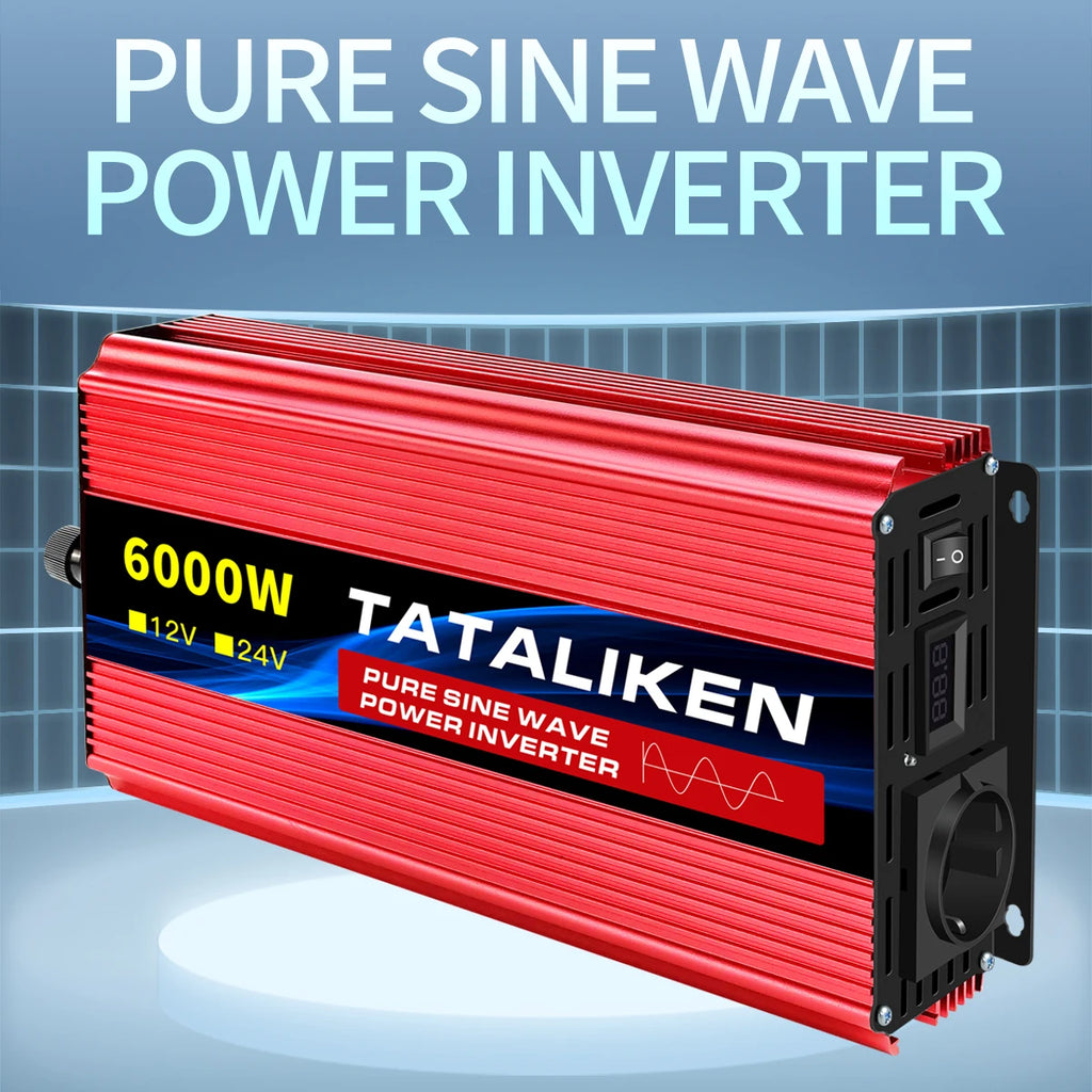 Bright red pure sine wave power inverter with black end panel, power switch, digital display, and plug socket.