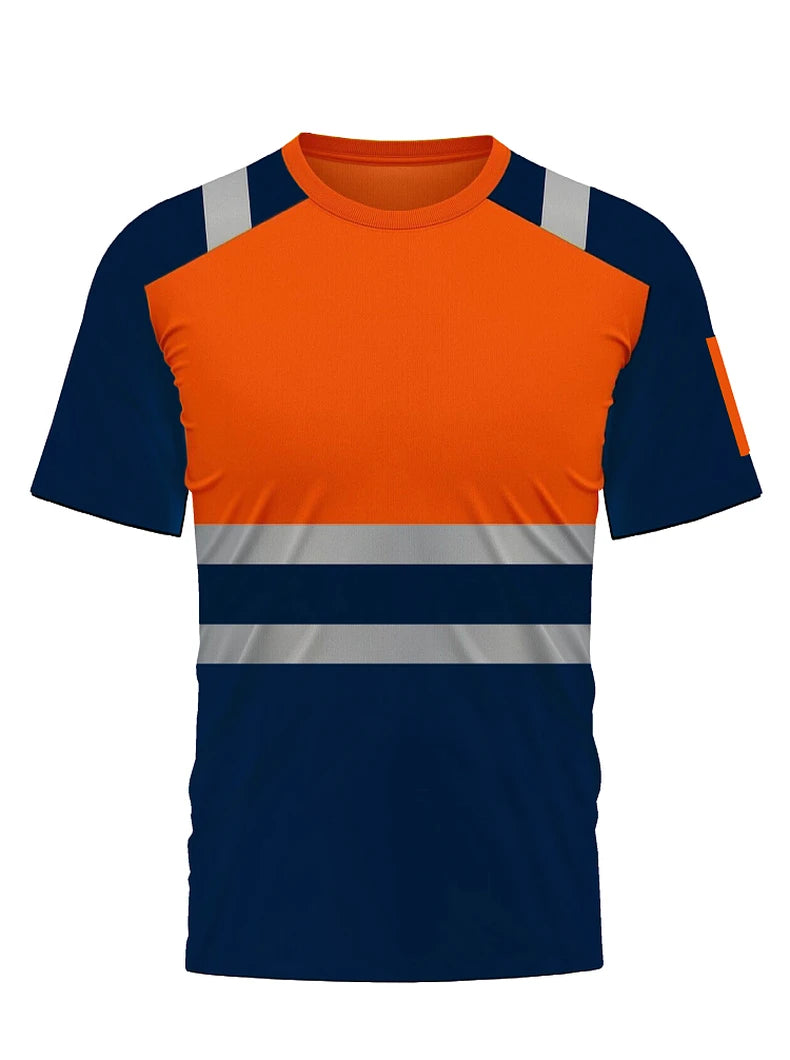 Men’s short-sleeve hi-vis work T-shirt in orange and navy with reflective silver tape detailing.