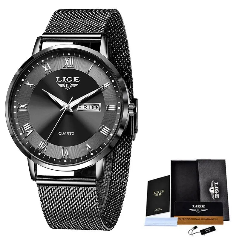 Elegant black stainless steel women’s watch with a mesh strap, Roman numeral markers, and a date display.