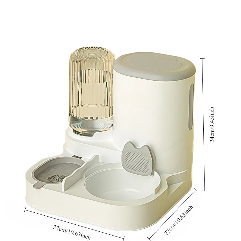 Cream-coloured automatic pet feeder with a clear water bottle, food bowl, and cat-shaped detail. 27cm x 24cm size.