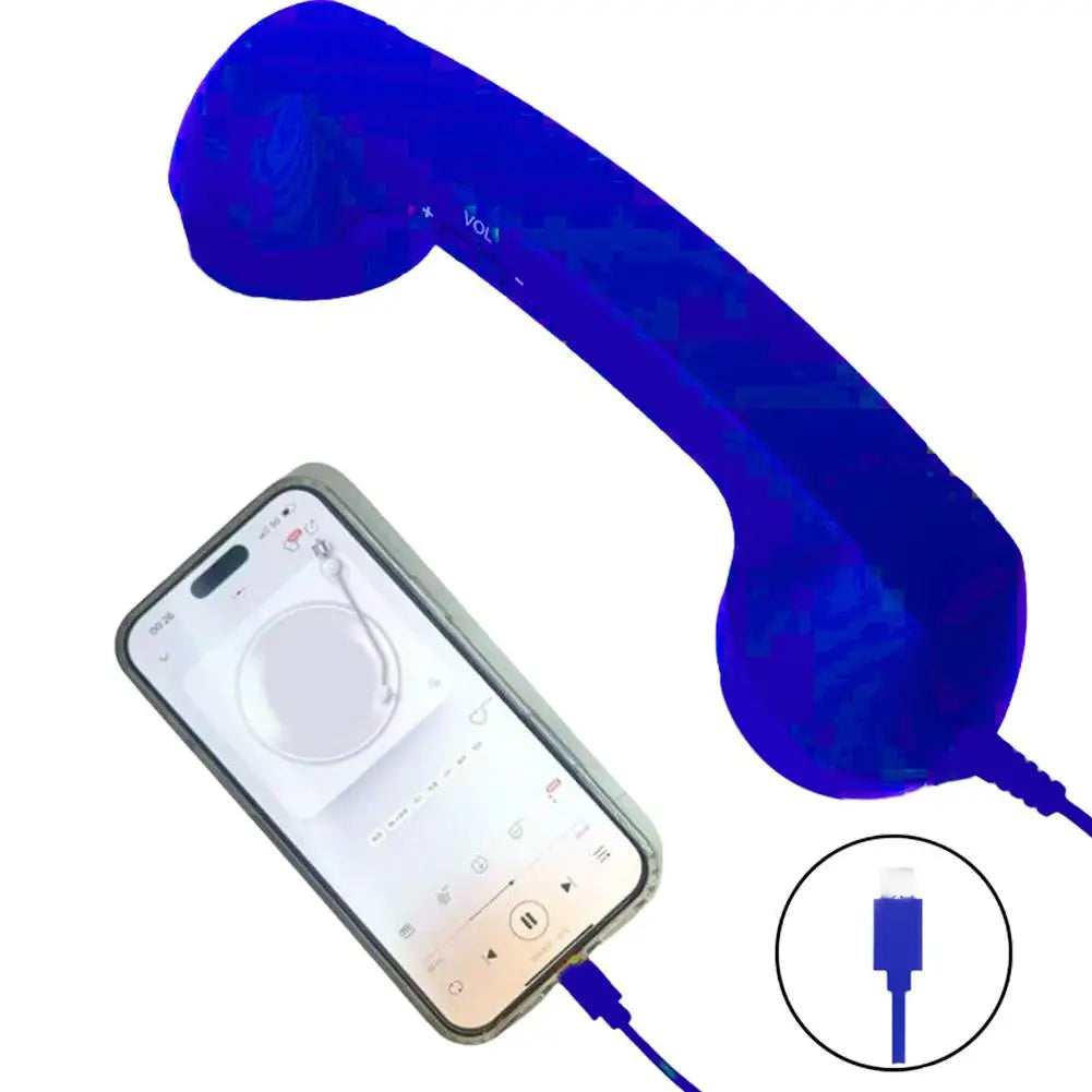 Blue retro-style phone handset connected to a smartphone, featuring volume controls and a charging cable.