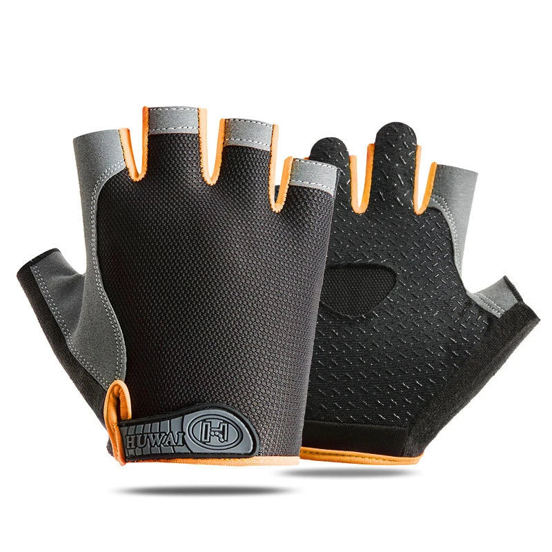 Fingerless cycling gloves in black and grey with orange trim and textured palms, featuring a HUWAI branded wrist strap.
