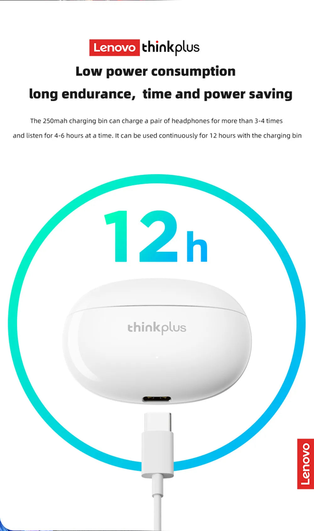 White wireless earbud charging case with a USB-C cable, centered under a 12-hour battery life graphic.