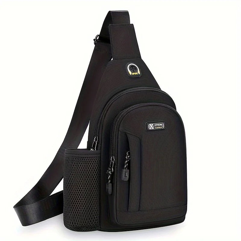 Black Oxford fabric chest bag with an adjustable crossbody strap, zip compartments and a side mesh water bottle holder.