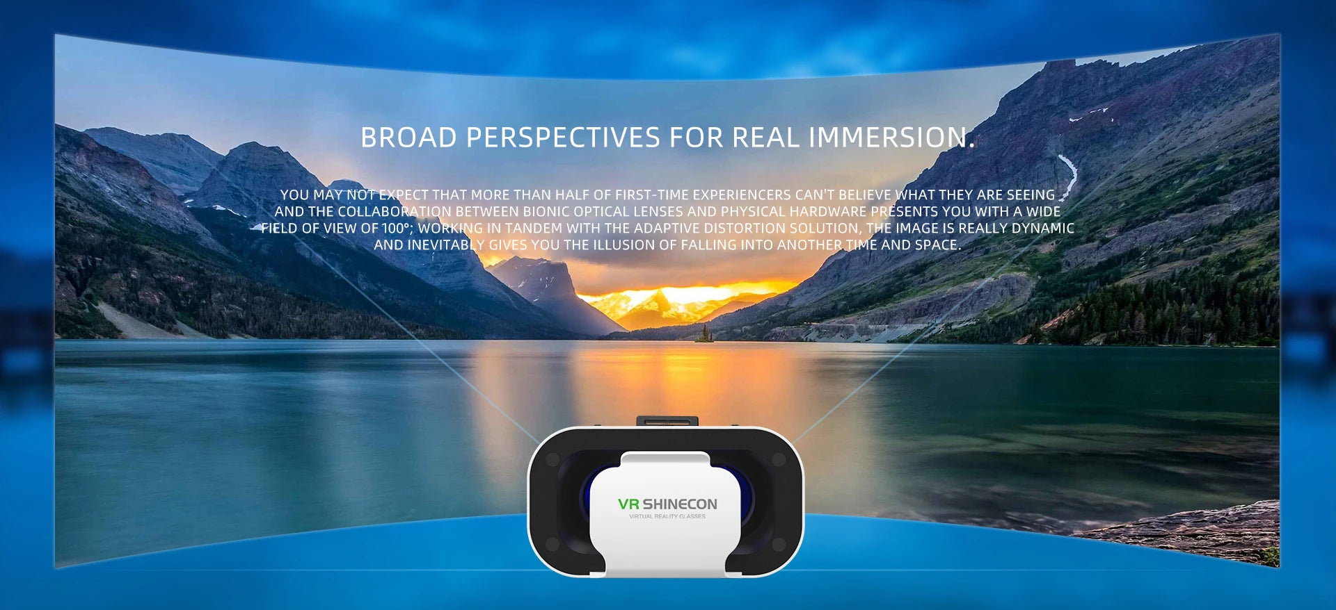 A sleek, black and white smartphone VR headset, shown against a wide, immersive mountain lake landscape.