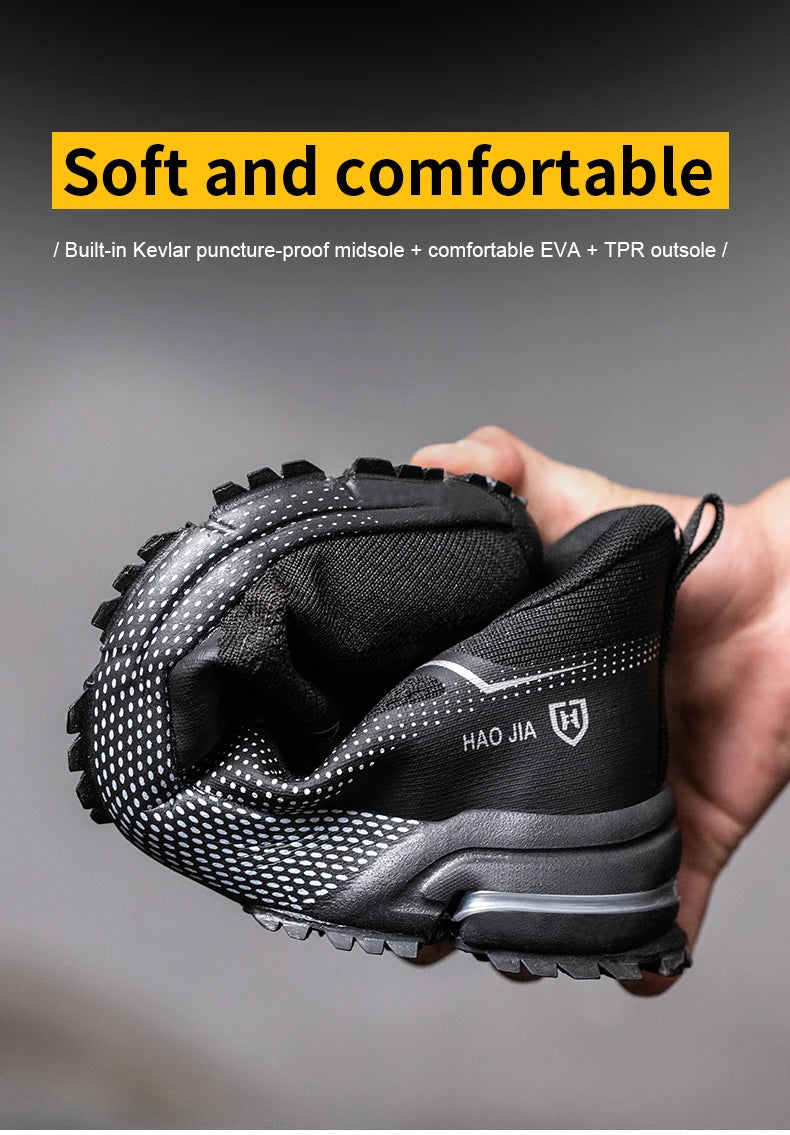 Black safety work sneaker bent in half by hand, showing flexible sole, breathable mesh, and HAO JIA logo.