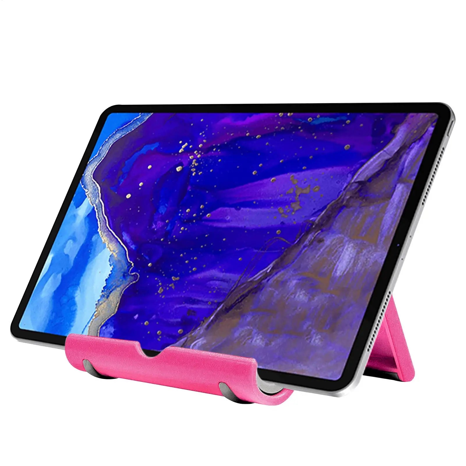 Tablet resting on a sleek, foldable hot pink stand in horizontal orientation, isolated on a white background.