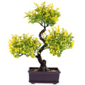 Artificial bonsai tree with vibrant yellow and green leaves in a dark purple rectangular pot with decorative pebbles.