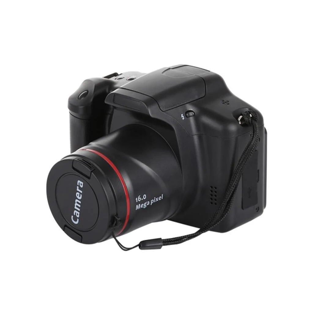 Black plastic 16.0 megapixel digital camera with a lens cap and wrist strap against a white background.