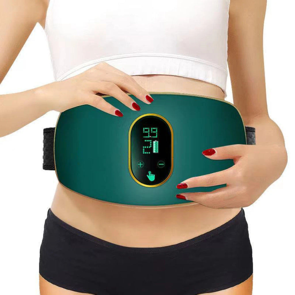 Dark green vibration slimming belt worn around the waist, featuring a central digital display screen.