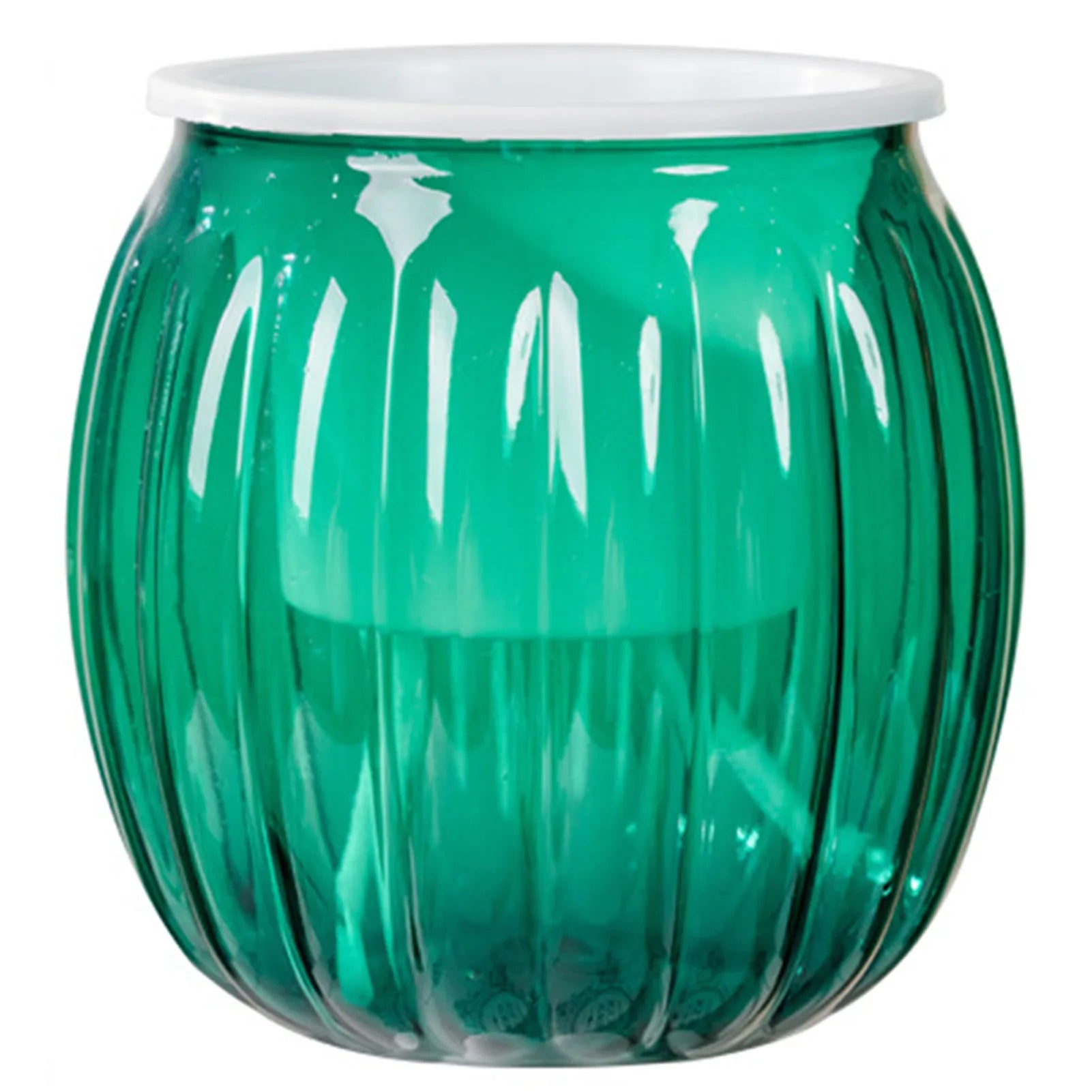 A round, ribbed, transparent emerald green self-watering planter with a white inner pot and rim on a white background.