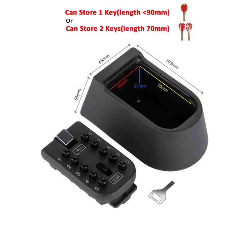Black wall-mounted key lock box with a push-button combination keypad, shown with dimensions and key storage capacity.