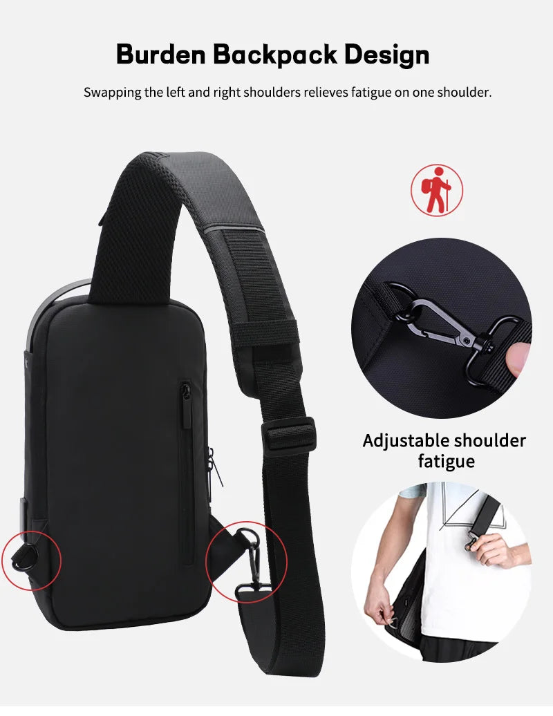 Black waterproof sling bag with an adjustable, reversible strap for comfortable left or right-shoulder wear.