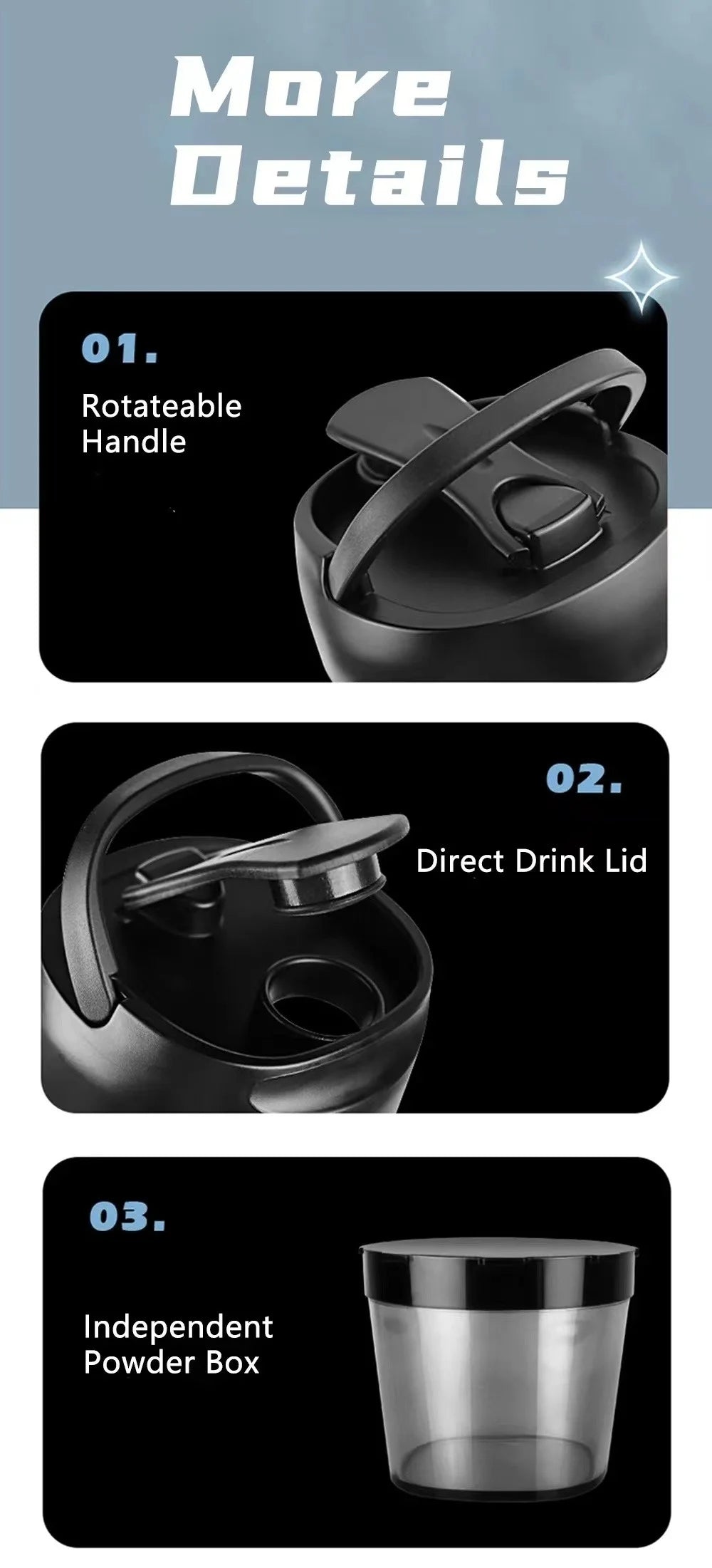 Black shaker bottle features: a rotating handle, a flip-top direct drink lid, and a detachable powder storage cup.