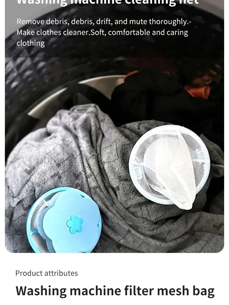 Two flower-shaped, blue and white mesh laundry filter bags resting on clothes inside a washing machine drum.