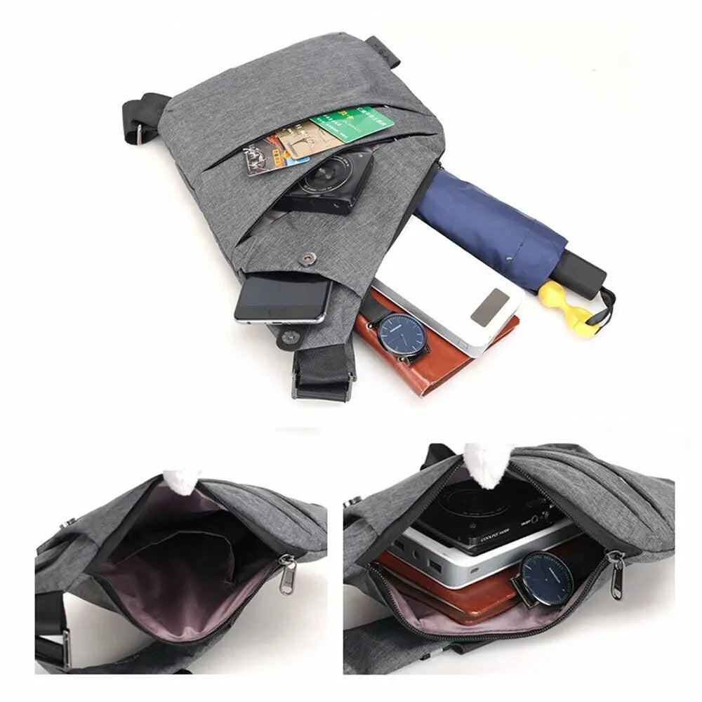 Grey slim-profile crossbody chest bag with multiple zipped pockets, shown filled with everyday essentials.