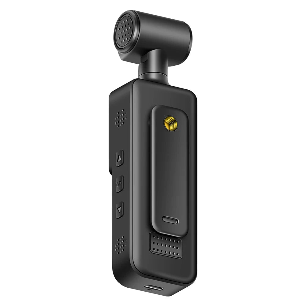 Black handheld plastic digital video camera with a rotatable gimbal lens, side buttons, and a rear belt clip.