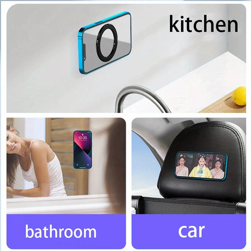 Magnetic phone mount attached to surfaces in a kitchen, bathroom, and car, featuring a sleek, blue-edged design.