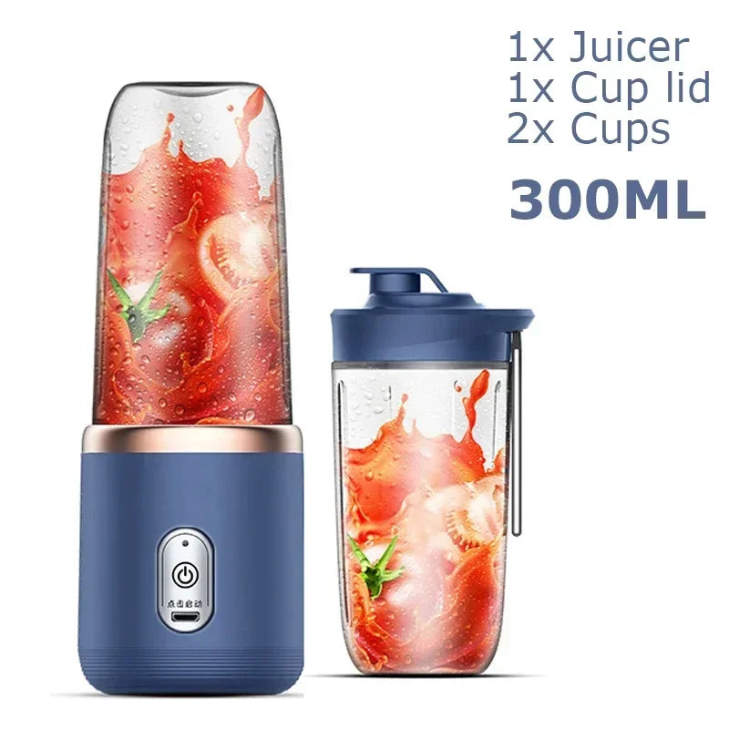 Portable 300ml blue juicer blender with two clear cups and lids, featuring a sleek design and power button.