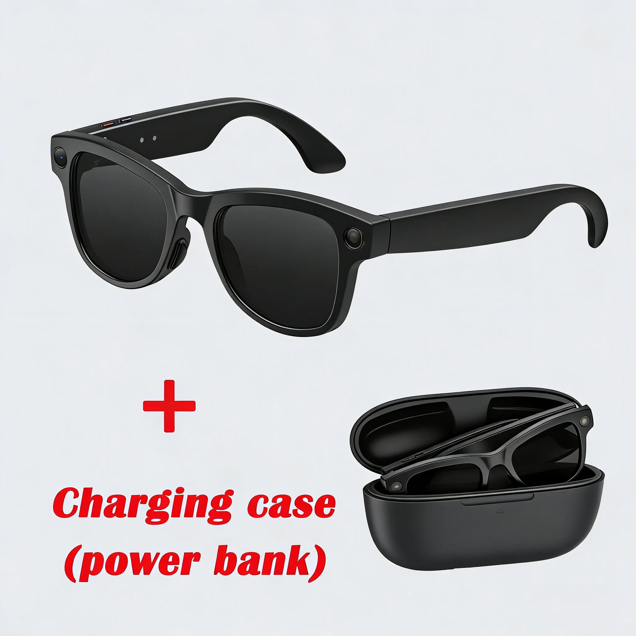 Black smart recording glasses with photochromic lenses, Bluetooth audio, and a matching portable charging case.