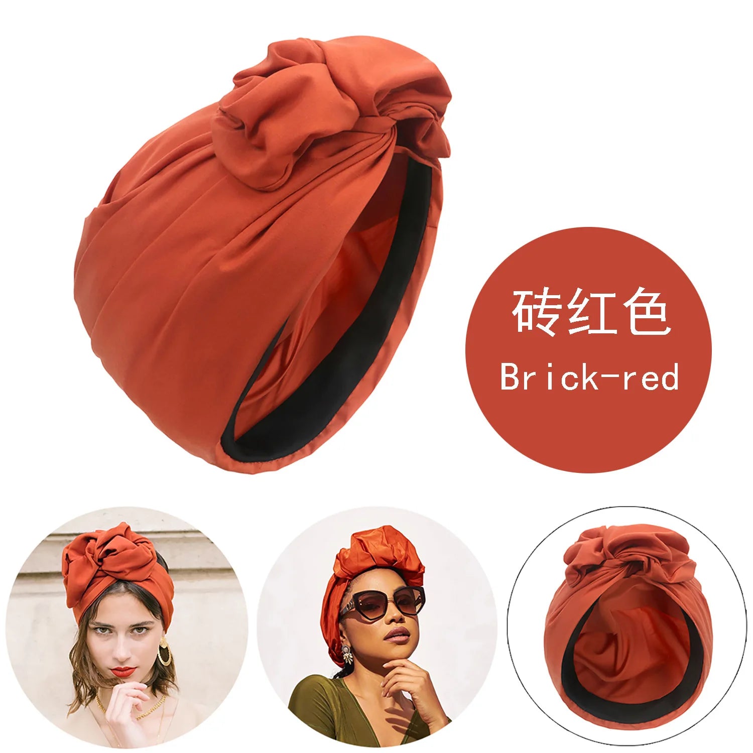 Brick-red vintage-style knotted turban hat with a smooth finish, shown on models and as a separate product.