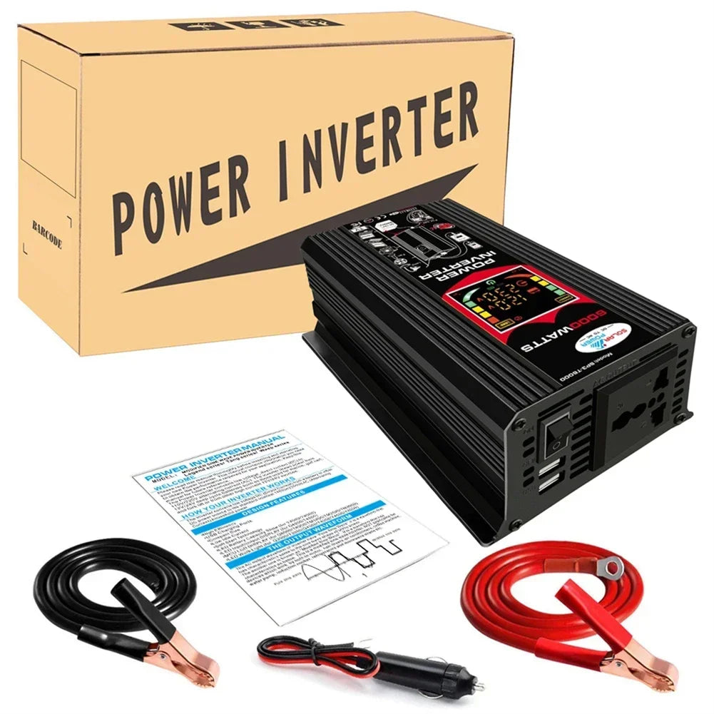 Black 6000W car power inverter with digital display, dual USB ports, power cables, and manual in a branded box.