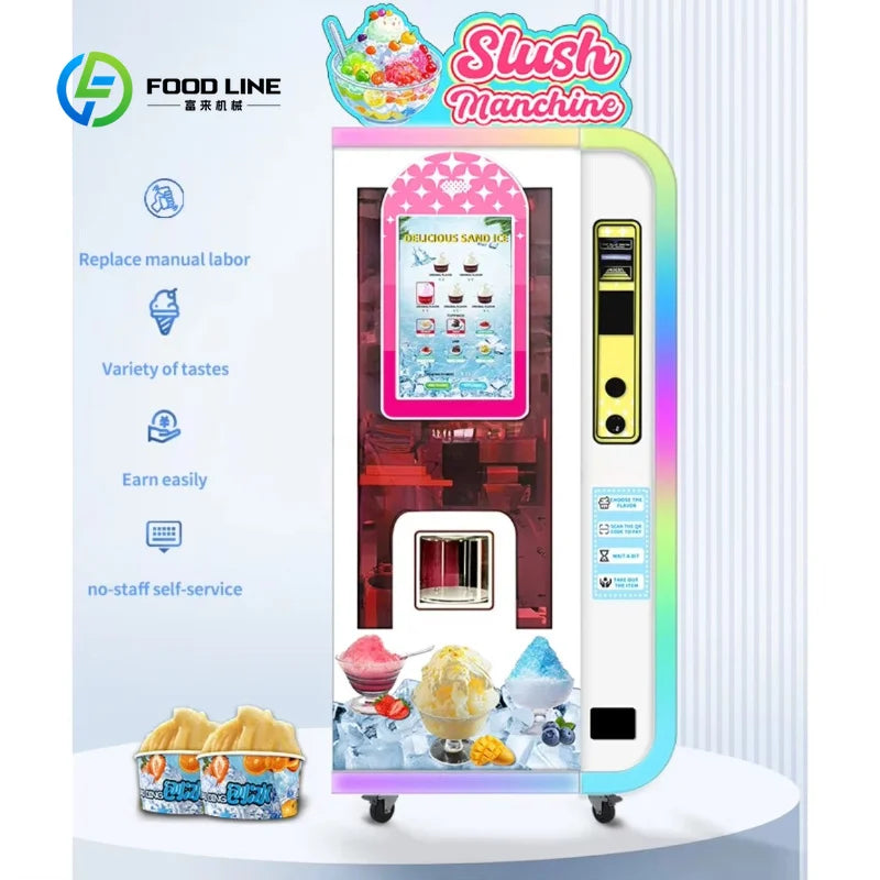 White slush and smoothie vending machine with touchscreen, POS panel, and colorful dessert graphics.