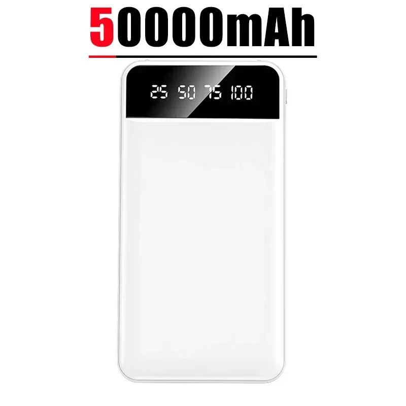 White 50,000mAh portable power bank with a sleek, minimalist design and a clear LED digital percentage display.