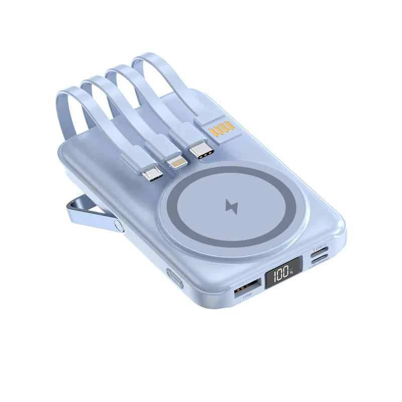 Light blue 20,000mAh magnetic power bank with integrated charging cables, fold-out stand, and digital battery display.
