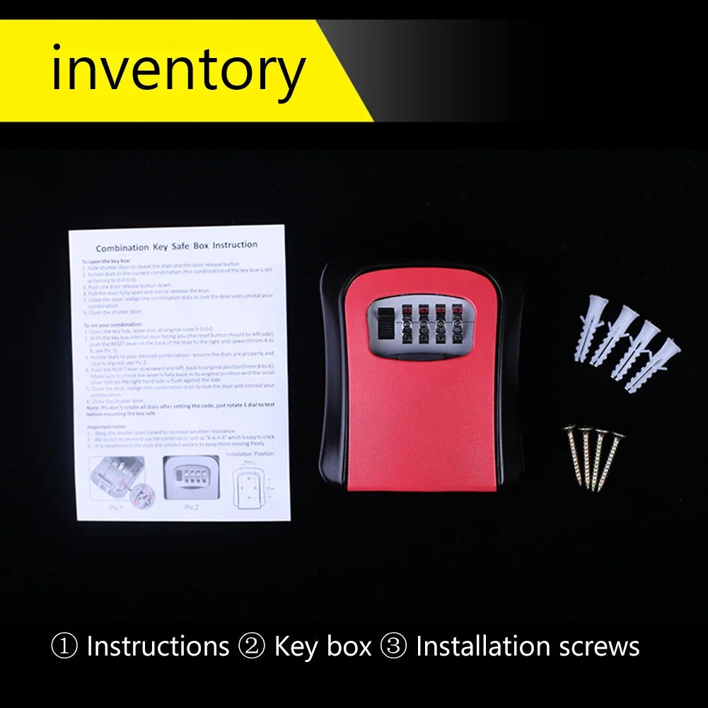 Red and black metal combination key safe box with installation instructions and screws.