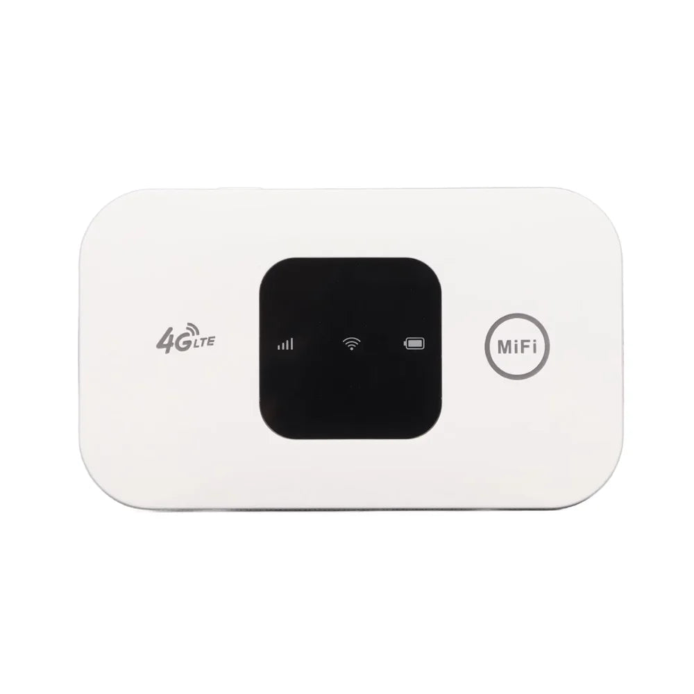 Small, white portable 4G LTE Wi-Fi hotspot router with a central black display screen showing status icons.