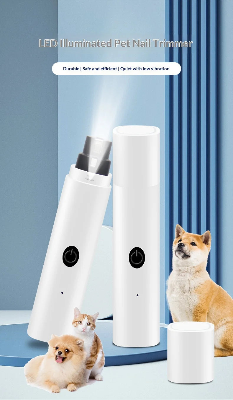 White electric pet nail grinder with integrated LED light, shown with a cat and dog on a blue background.