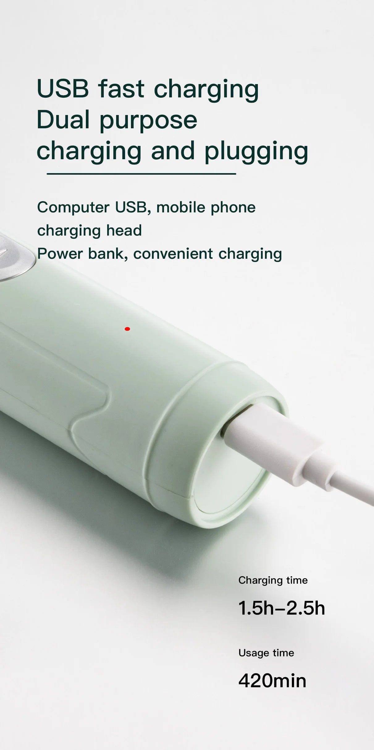 Sage green electric pet nail grinder being charged via a USB cable, showing charging and usage time details.