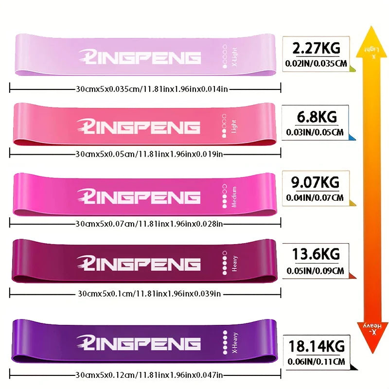 Five resistance bands in graduated pink and purple shades, labeled with resistance levels from 2.27kg to 18.14kg.