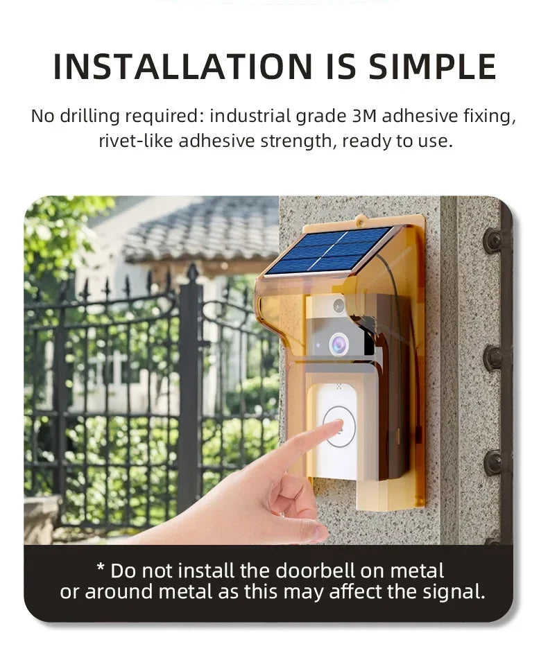 A person pressing the button on a modern wireless solar video doorbell with a protective amber cover on a wall.