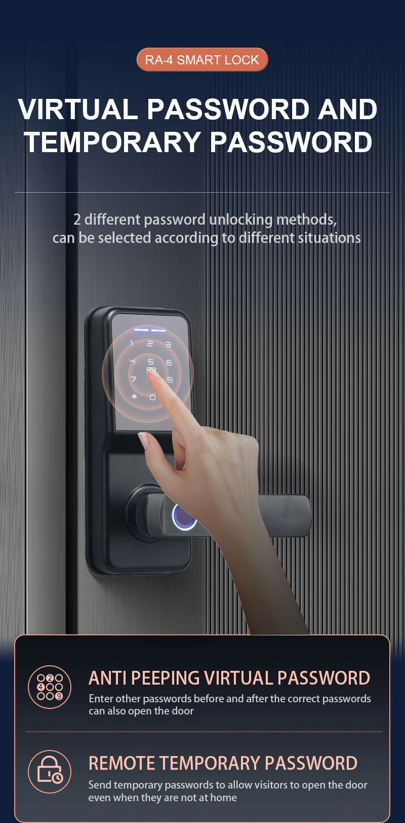 Black smart door lock with a digital touchscreen keypad and fingerprint scanner on the handle, mounted on a door.