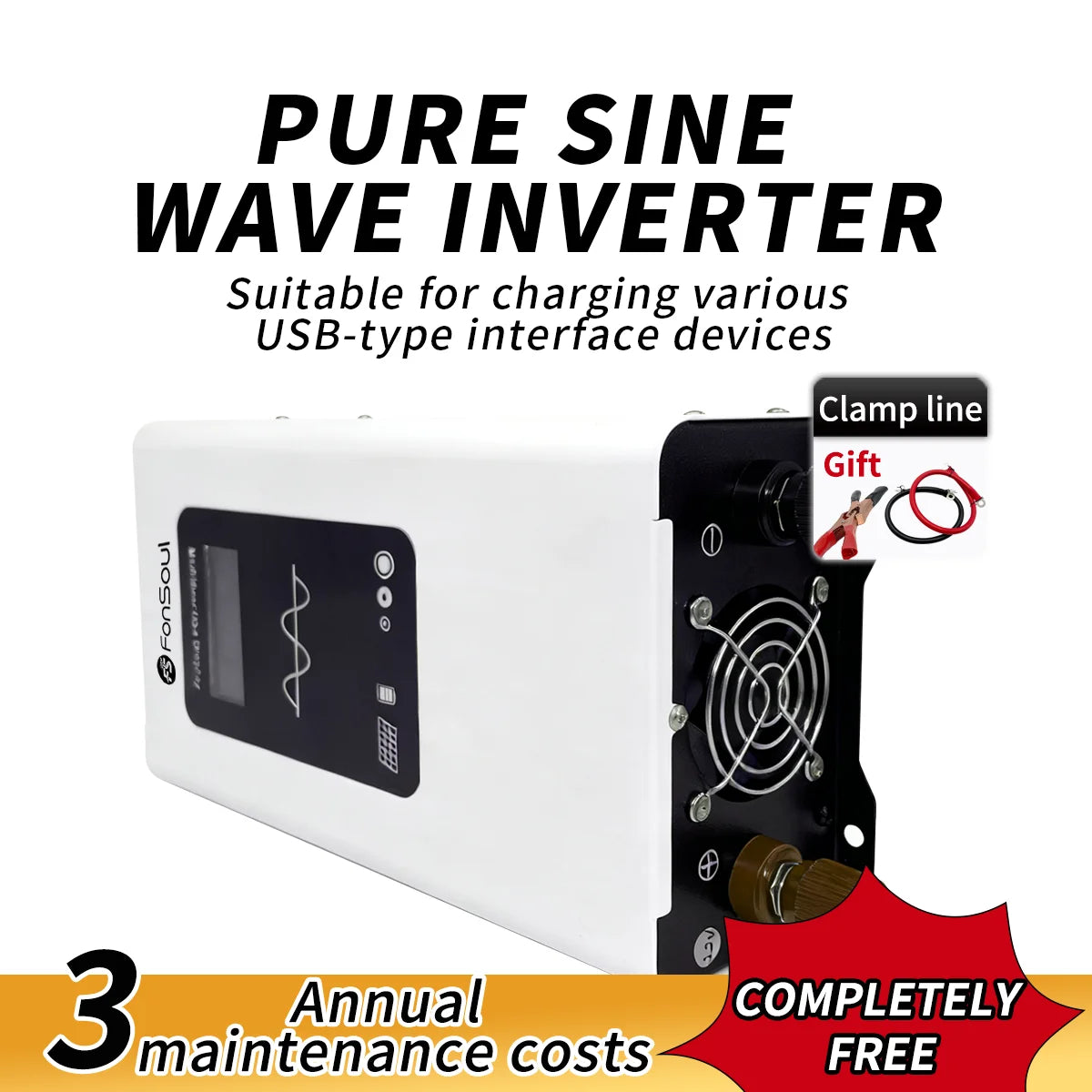 White 2000W pure sine wave inverter with a digital display, cooling fan, and included battery clamp cables.