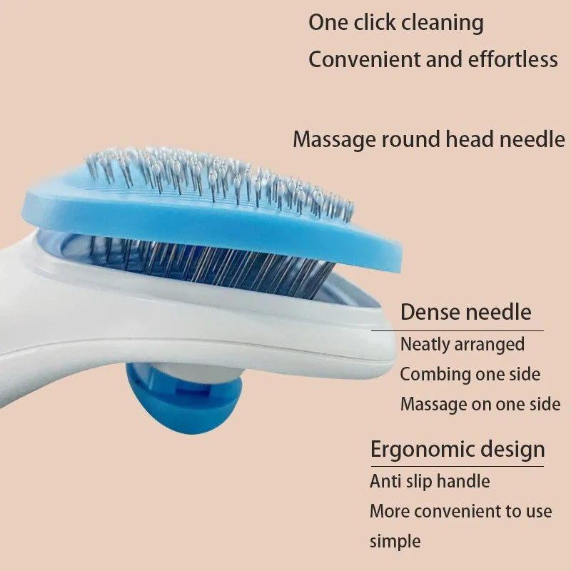 Blue and white self-cleaning pet grooming brush with fine metal massage bristles and an ergonomic handle.