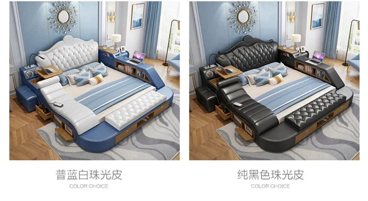 Two modern storage double beds in white or black faux leather, featuring built-in side tables, shelving, and drawers.