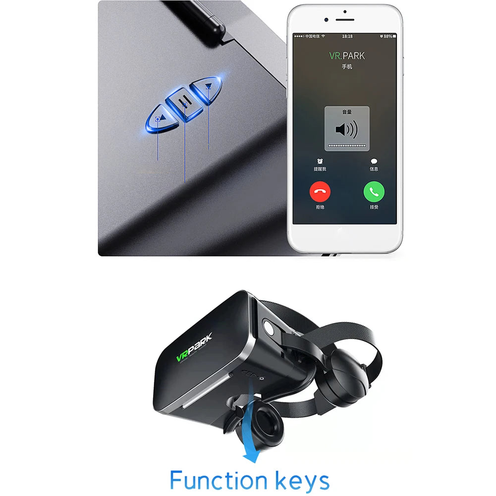 Black 3D VR headset with adjustable strap, integrated headphones, and blue glowing control buttons for smartphones.