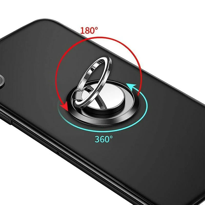 Silver metallic phone ring holder attached to a black smartphone, featuring 180-degree flip and 360-degree rotation.