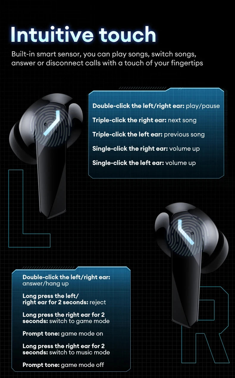 Glossy black wireless earbuds featuring a glowing blue chevron light and touch control instructions.