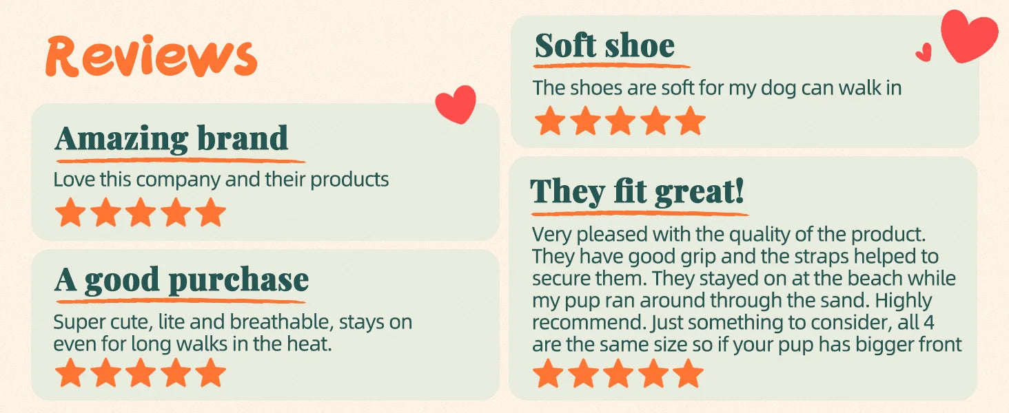 Customer reviews for breathable, non-slip dog boots with rugged soles, featuring five-star ratings.